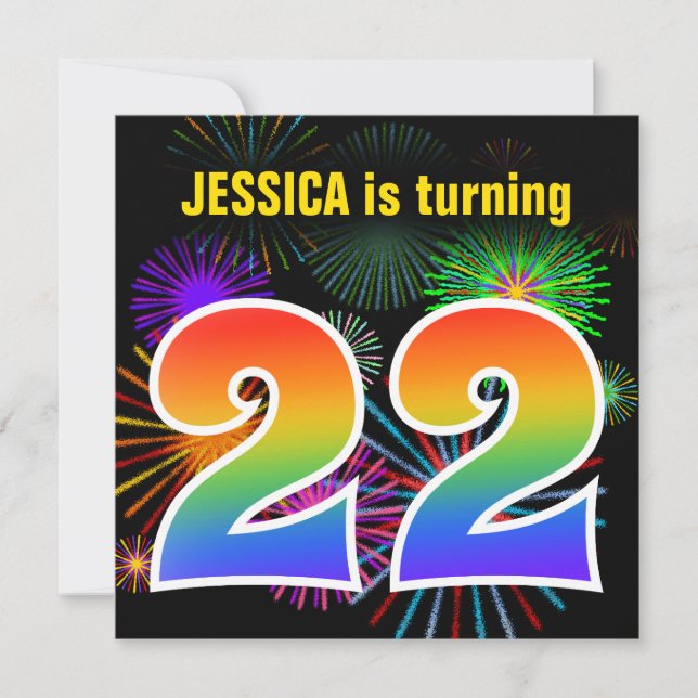 Invitation Fun Fireworks + Rainbow Motif "22" Anniversaire # (Devant)
