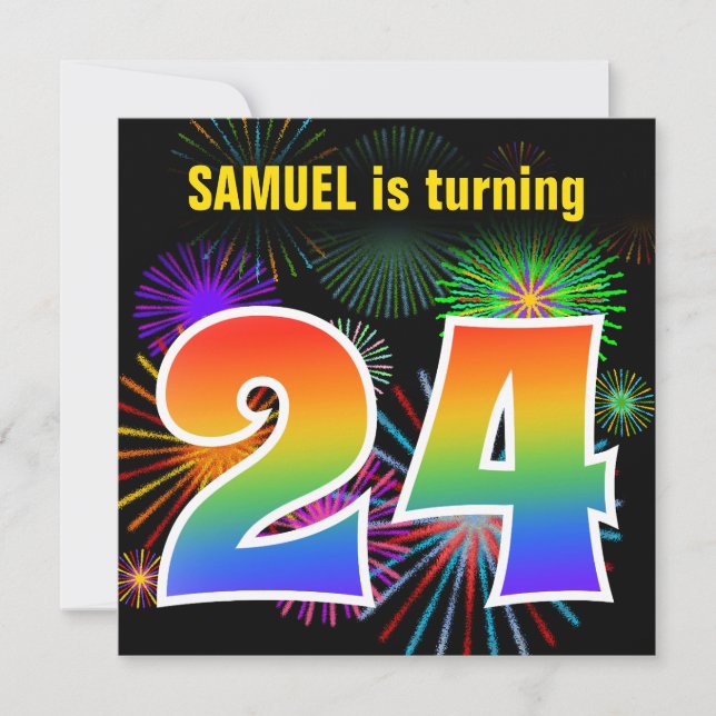 Invitation Fun Fireworks + Rainbow Motif "24" Anniversaire # (Devant)