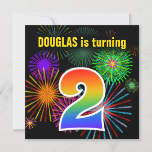 Invitation Fun Fireworks + Rainbow Motif "2" Anniversaire #