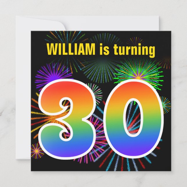 Invitation Fun Fireworks + Rainbow Motif "30" Anniversaire # (Devant)
