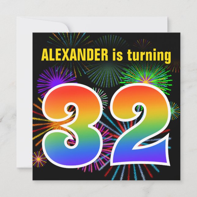Invitation Fun Fireworks + Rainbow Motif "32" Anniversaire # (Devant)