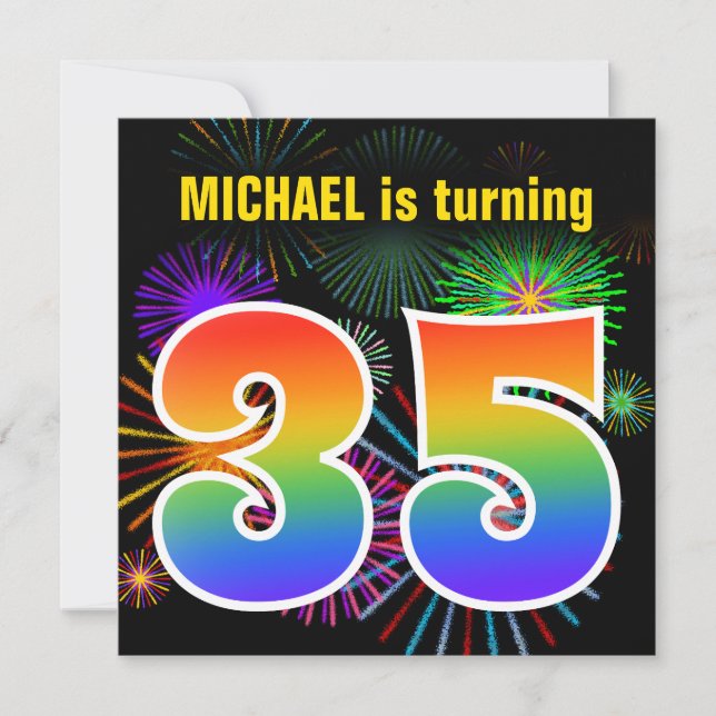 Invitation Fun Fireworks + Rainbow Motif "35" Anniversaire # (Devant)