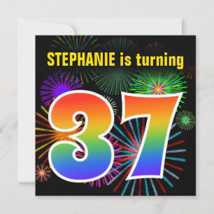 Invitation Fun Fireworks + Rainbow Motif "37" Anniversaire #