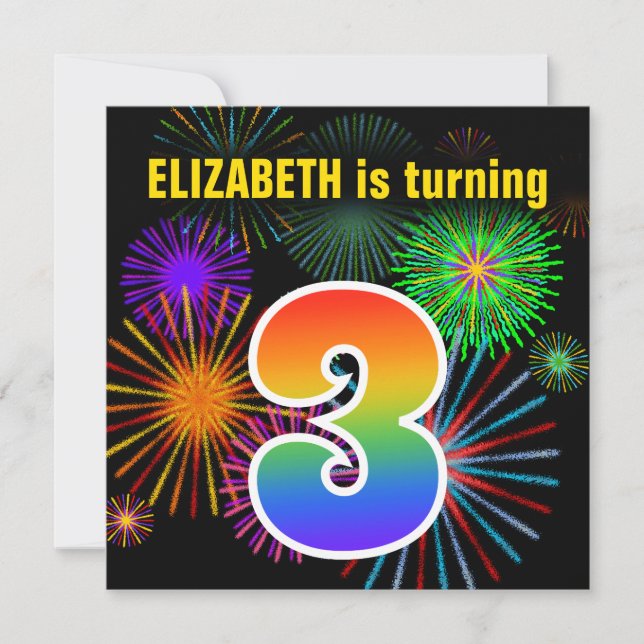 Invitation Fun Fireworks + Rainbow Motif "3" Anniversaire # (Devant)