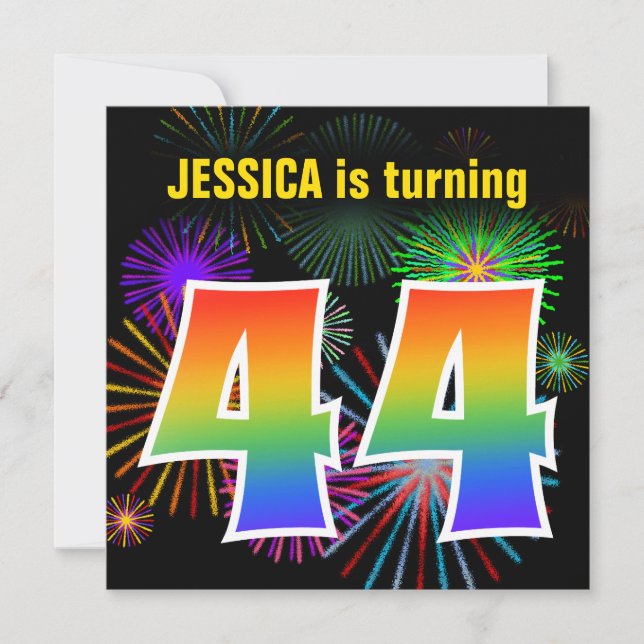 Invitation Fun Fireworks + Rainbow Motif "44" Anniversaire # (Devant)