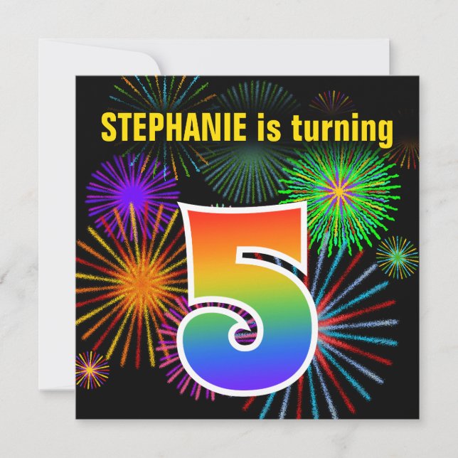 Invitation Fun Fireworks + Rainbow Motif "5" Anniversaire # (Devant)
