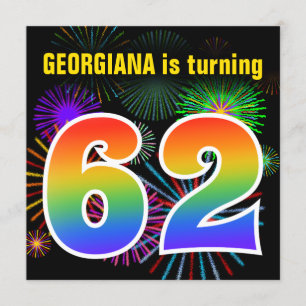 Invitation Fun Fireworks + Rainbow Motif "62" Anniversaire #