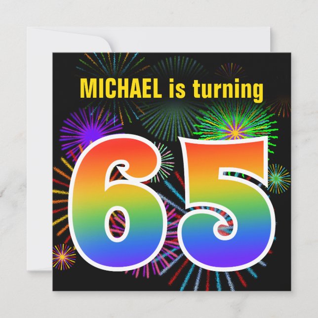 Invitation Fun Fireworks + Rainbow Motif "65" Anniversaire n° (Devant)