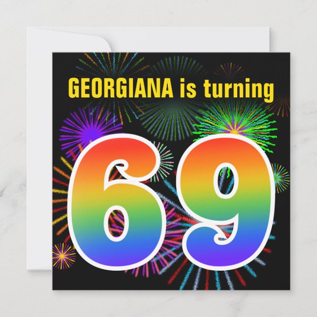 Invitation Fun Fireworks + Rainbow Motif "69" Anniversaire # (Devant)