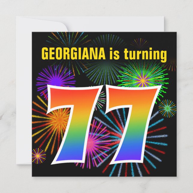 Invitation Fun Fireworks + Rainbow Motif "77" Anniversaire n° (Devant)