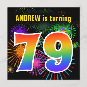 Invitation Fun Fireworks + Rainbow Motif "79" Anniversaire #