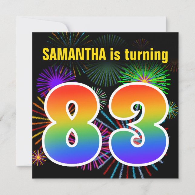 Invitation Fun Fireworks + Rainbow Motif "83" Anniversaire # (Devant)
