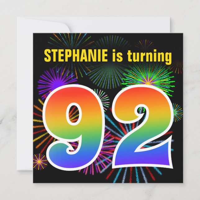 Invitation Fun Fireworks + Rainbow Motif "92" Anniversaire # (Devant)