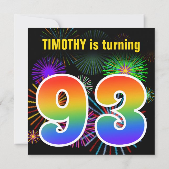 Invitation Fun Fireworks + Rainbow Motif "93" Anniversaire # (Devant)