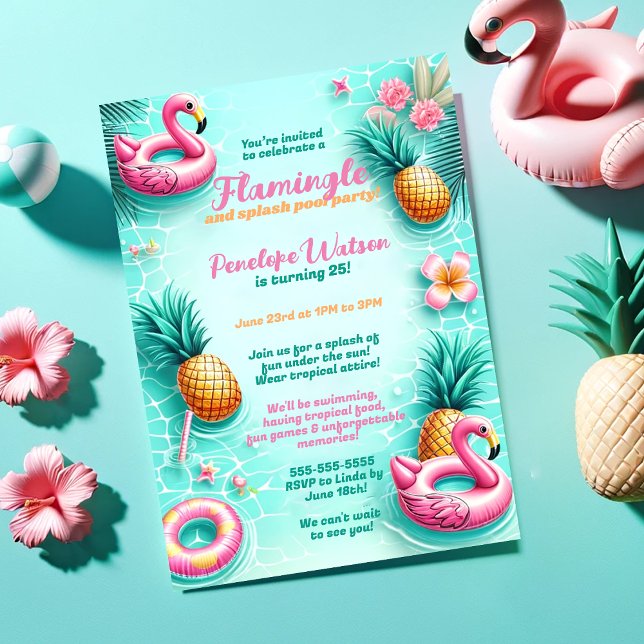 Invitation Fun Flamant rose et ananas Summer Pool Party (Créateur téléchargé)