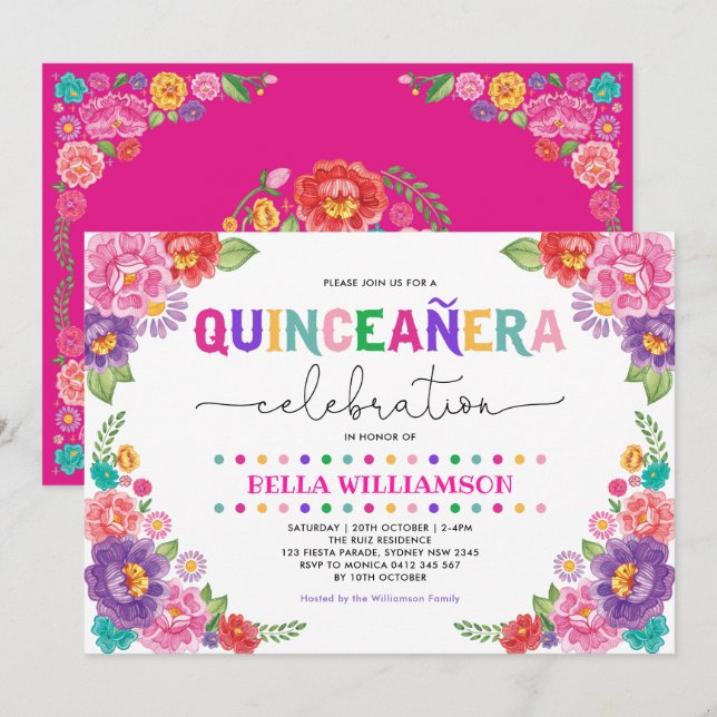 Invitation Fun Floral Fiesta Quinceañera 15ème anniversaire f (Devant / Derrière)