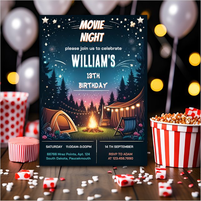 Invitation fun garçon Camping Popcorn Movie Nuit 13e annivers (Créateur téléchargé)
