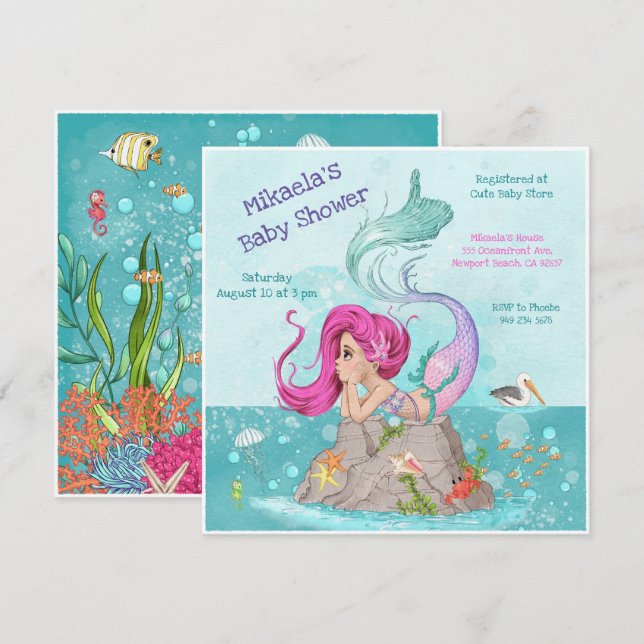 Invitation Fun Girl rose cheveux Baby shower sirène (Devant / Derrière)