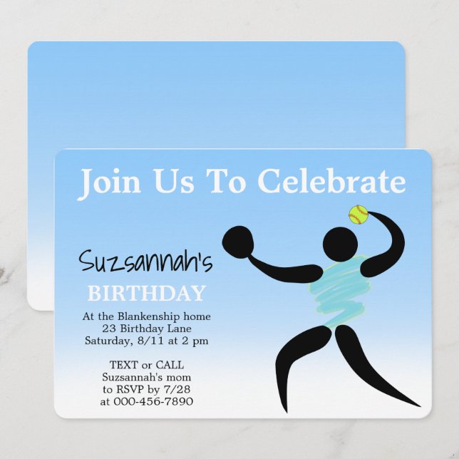 Invitation Fun Girls Softball Custom Birthday Party Invitatio (Devant / Derrière)