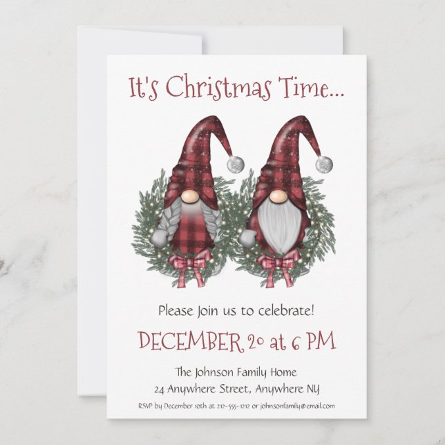 Invitation Fun Gnomes avec Red Green Wreath fête de Noël (Devant)