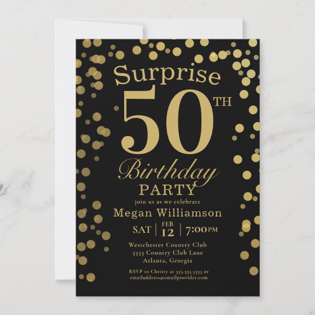 Invitation Fun Gold Black Confetti Surprise 50e anniversaire (Devant)