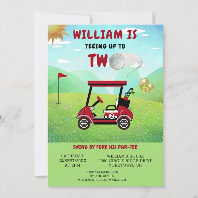 Invitation Fun Golf Red Cart Boy 2e anniversaire Par Tee (Devant)