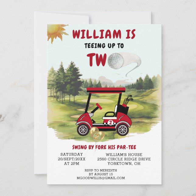Invitation Fun Golf Red Cart Boy 2e anniversaire Par Tee (Devant)