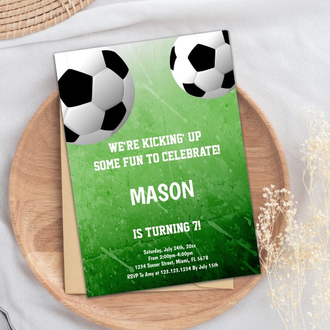 Invitation Fun Green Football Party Design (2 Balls Soccer Birthday Invitations)