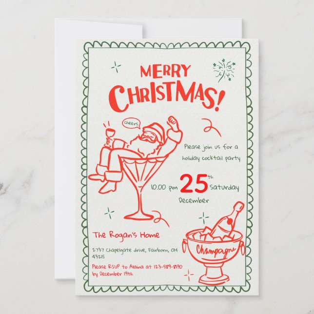 Invitation Fun Hand Drawn Doodle Merry Christmas Cocktail (Devant)