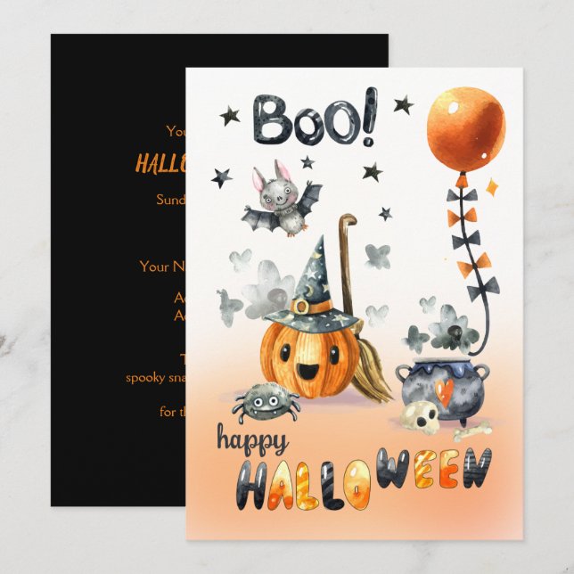 Invitation Fun Jack O'Lantern et Little Bat Halloween Party (Devant / Derrière)