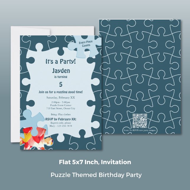 Invitation Fun Jigsaw Puzzle Themed 5th Birthday Party (Fun Jigsaw Puzzle Themed 5th Birthday Party Invitation, Portrait, Flat 5x7 Inch)
