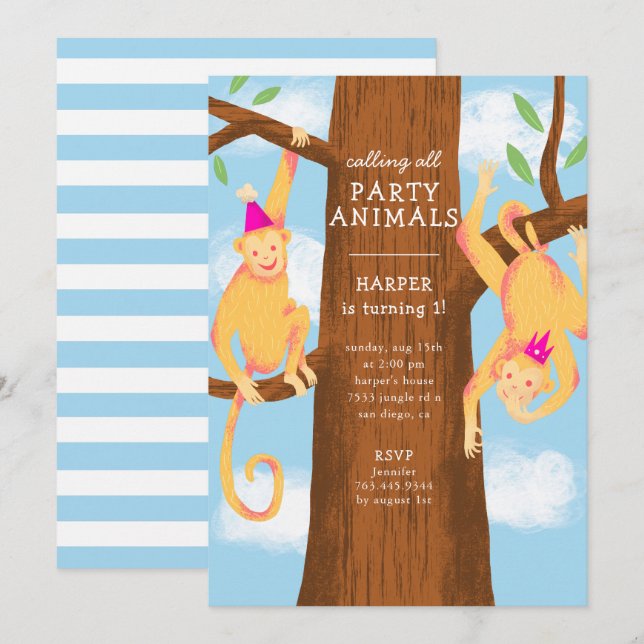 Invitation Fun Jungle Monkeys Birmingham Party (Devant / Derrière)