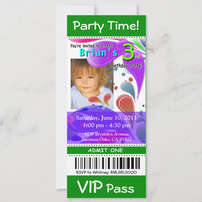 Invitation Fun Kids VIP Pass Événement Billet Photo Party (ve (Devant)