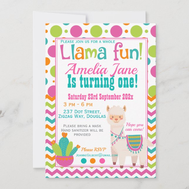 Invitation Fun Llama complet fête d'anniversaire (Devant)