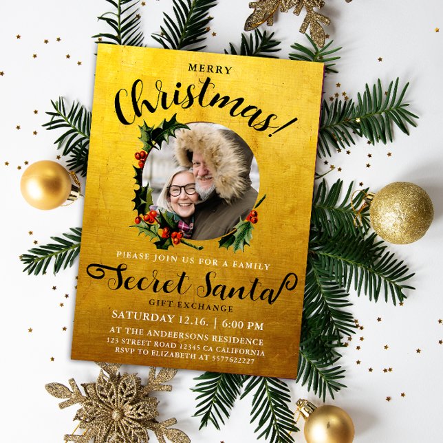 Invitation Fun Luxe Glam Gold Merry Xmas Secret Père Noël Pho (Créateur téléchargé)