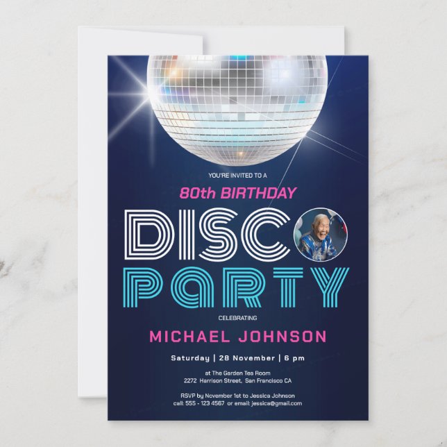 Invitation Fun Modern Retro Photo Disco Party 80e anniversair (Devant)