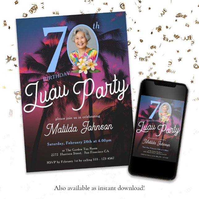 Invitation Fun moderne Photo personnalisée Luau Party 70e ann (70th Birthday Luau Party Modern Fun Custom Photo Invitation)