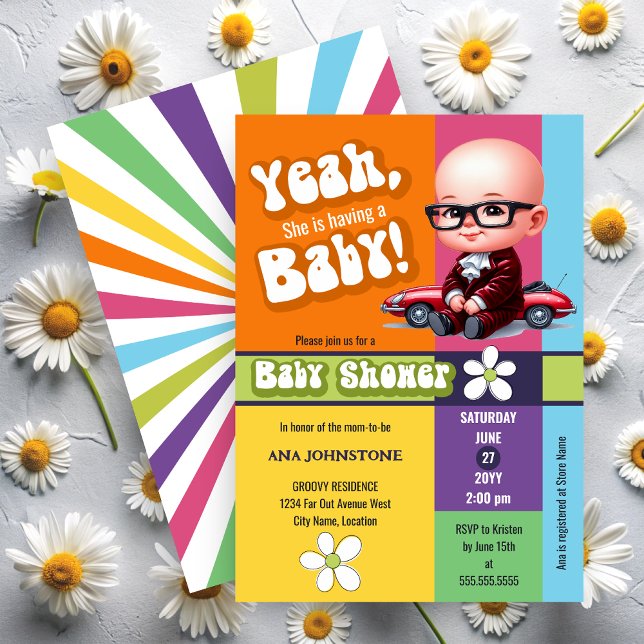 Invitation Fun Ouais Baby Retro Baby shower (Yeah, she is having a Baby fun, retro invitation front and back view.)