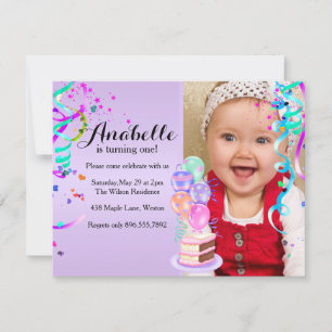 Invitation Fun Party Fête violet premier anniversaire