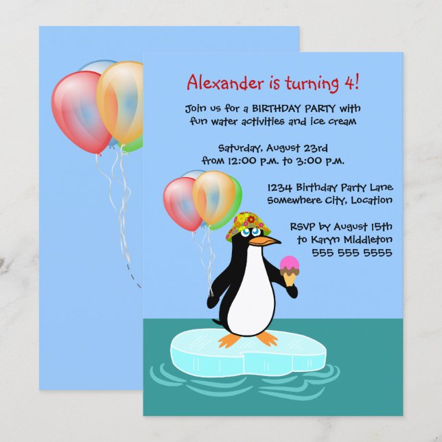 Invitation Fun Penguin fête d'anniversaire (Devant / Derrière)