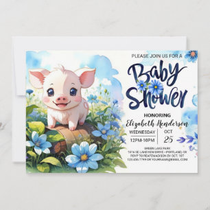 Invitation Fun Pig Baby shower Bleu
