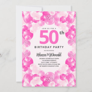 Invitation Fun Pink Balloons Faux Parties scintillant 50e ann