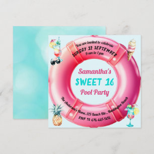Invitation Fun Pool Party Cocktails Ananas Sweet 16 mignonne