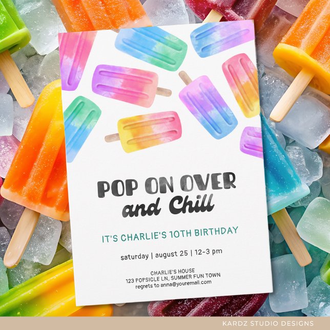 Invitation Fun Popsicle Pop On Over Kids Custom Anniversaire (Invite shown in 5 x 7 inches, choose size, paper, and corner style. Buy prints or a digital card.)