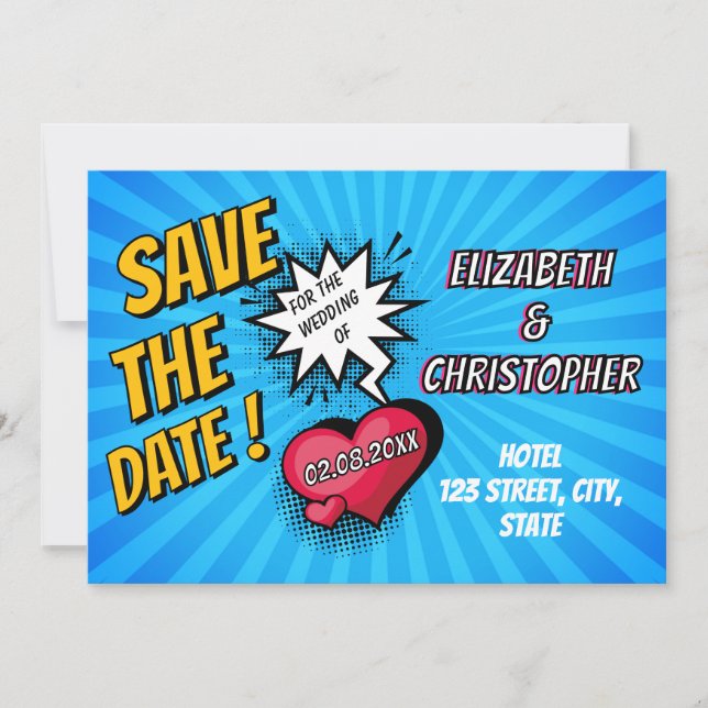 Invitation Fun retro Comic livre mariage enregistrer la date (Devant)