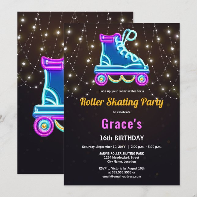 Invitation Fun Roller Sking fête d'anniversaire (Devant / Derrière)