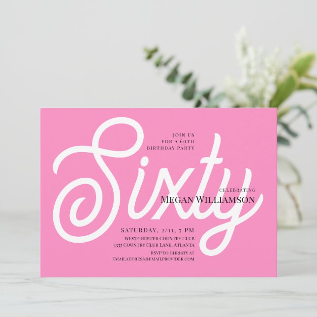 Invitation Fun rose et blanc Calligraphie 60e anniversaire (Debout devant)