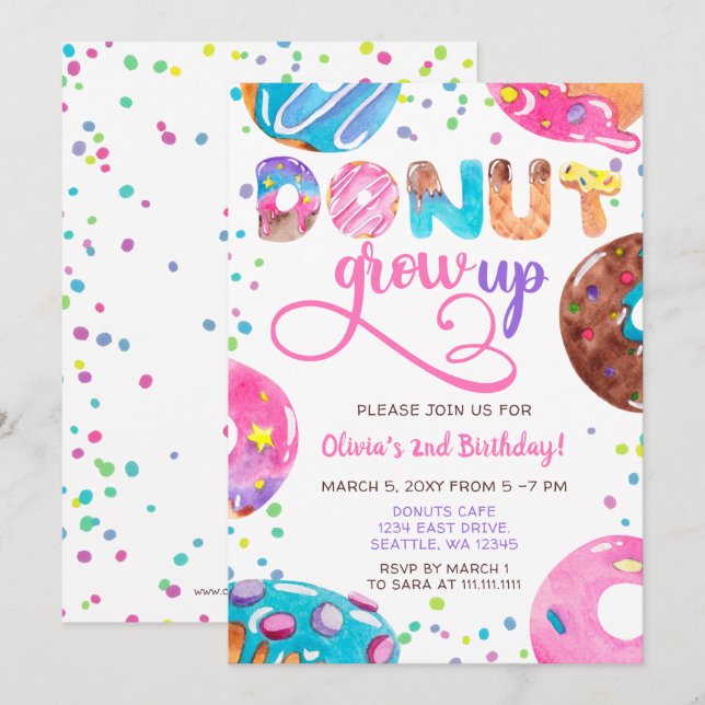 Invitation Fun rose violet beignets bleu fête d'anniversaire (Devant / Derrière)