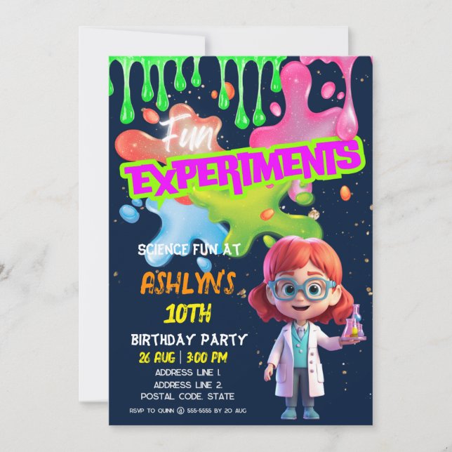 Invitation Fun STEM Lab Redhead Girl Scientifique Anniversair (Devant)
