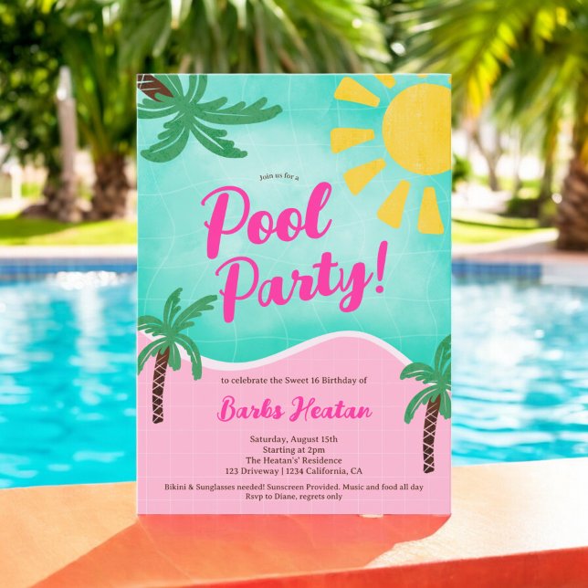 Invitation Fun Summer Bright Tropical pool party Sweet 16 (Fun Summer Bright Tropical pool party Sweet 16 Invitation)